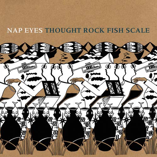 Album cover art featuring stylized black and white figures, fish, and vases on brown.