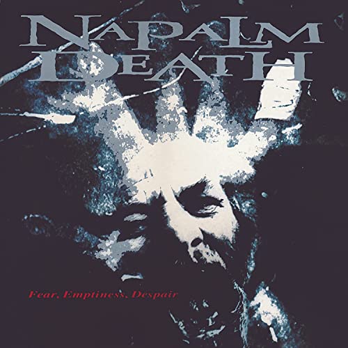 Napalm Death album cover, distorted face with dark, textured background.