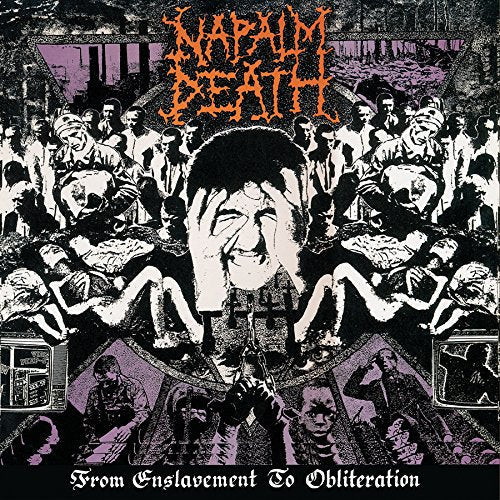 "Album cover with chaotic, black-and-white illustration and orange 'Napalm Death' text."
