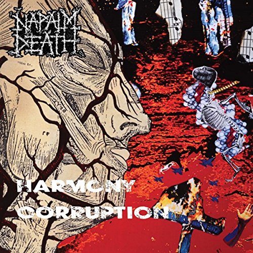 "Album cover with gruesome illustration, red background, and white text 'Napalm Death Harmony Corruption'."