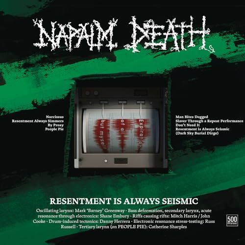 Napalm Death album cover: seismograph with red waveform on green and black.