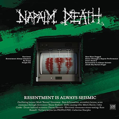 Napalm Death album cover: a beige seismograph displaying red waveforms.