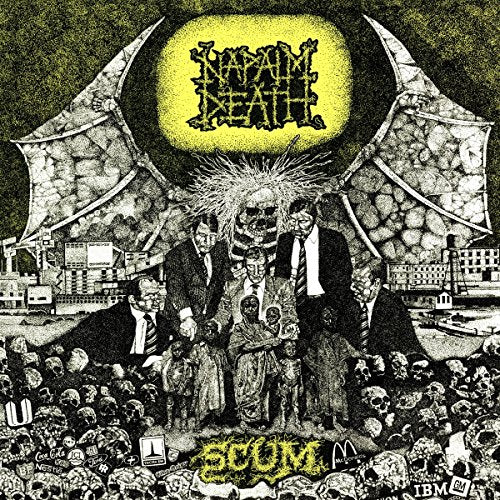 Napalm Death’s “Scum” album cover: dark, detailed illustration with figures and skulls.