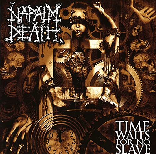 Napalm Death album cover: dark, chaotic imagery with gears, skulls, and figures.