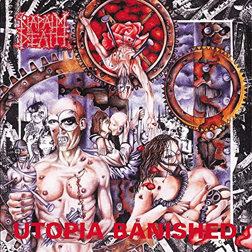 Napalm Death album cover, “Utopia Banished,” featuring disturbing, detailed artwork.