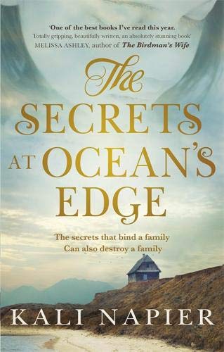 Book cover with coastal landscape, a house, and faded portrait overlay.