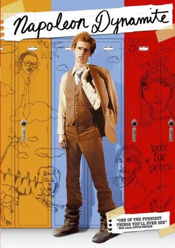 Napoleon Dynamite standing in front of colorful lockers covered in hand-drawn sketches.
