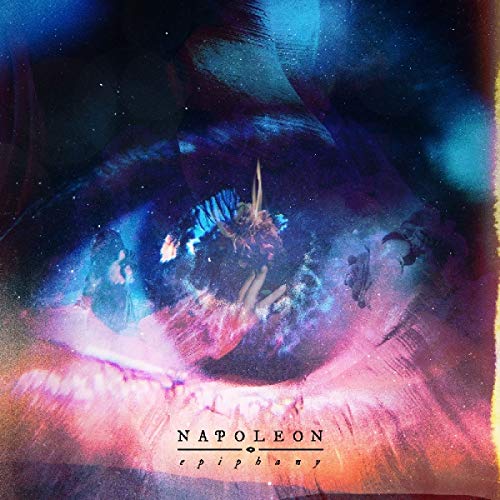 The image depicts a vinyl record cover for "Napoleon - Epiphany". The alt text is: "Vinyl record cover with surreal eye artwork and 'Napoleon Epiphany' text."