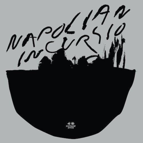 Black vinyl record sleeve with handwritten "Napolian incursio" text and city skyline silhouette on grey background.