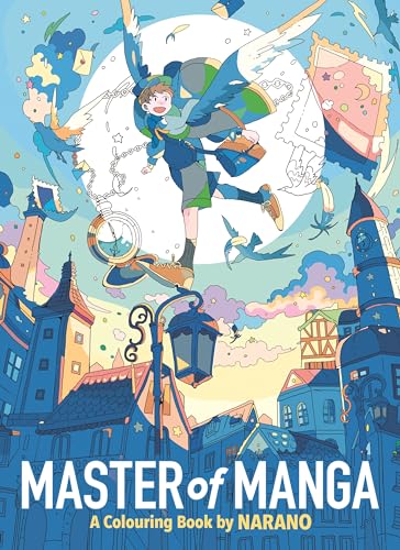 Manga-style illustration of a boy flying over a whimsical town.