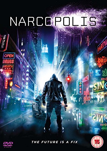 DVD cover for "Narcopolis" featuring a hooded figure in a futuristic city.