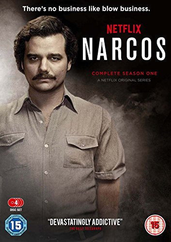 Narcos" Season One DVD cover featuring actor Wagner Moura as Pablo Escobar.
