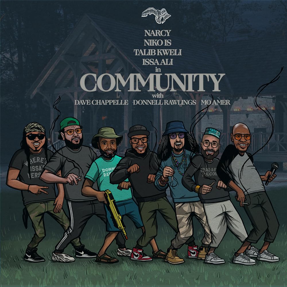 Album cover featuring cartoon illustrations of eight Black men in a park.