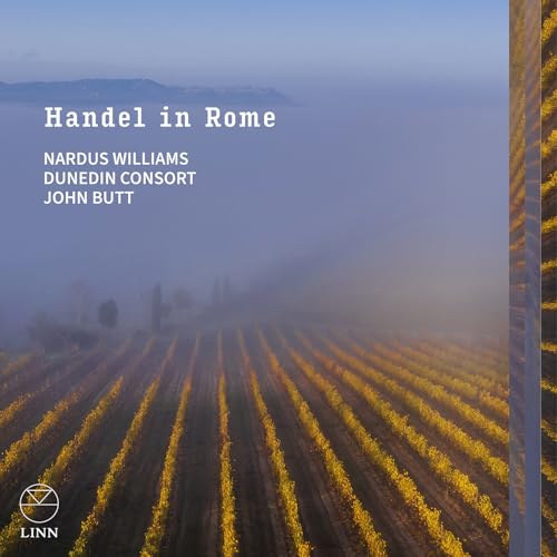 CD cover for "Handel in Rome" featuring a vineyard landscape.