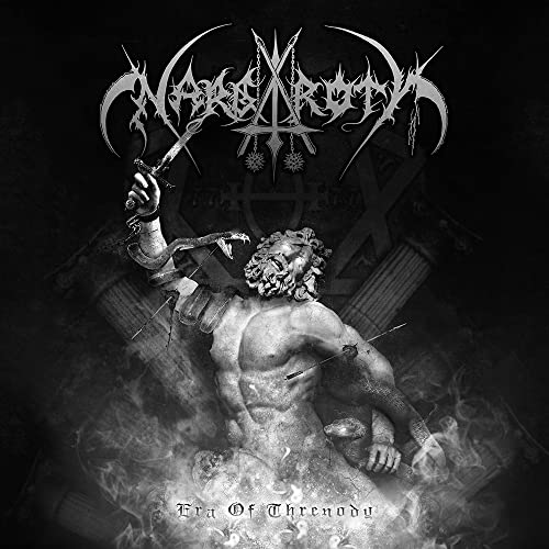 Black and white album cover for Nargaroth’s “Era Of Threnody” with statue imagery.