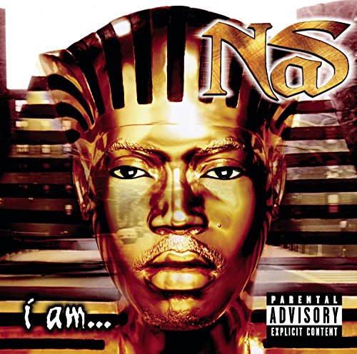 Golden portrait of rapper Nas, album cover for "I Am..." with warning label.