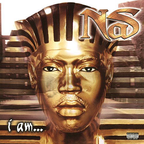 Golden bust of Nas, album cover for “I Am…”, with text overlay.