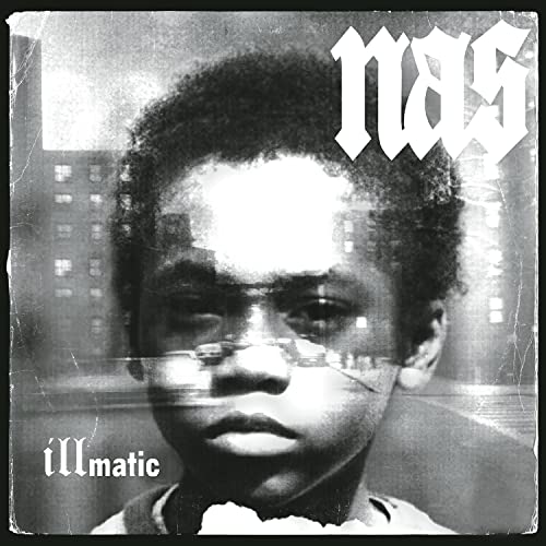 Nas’ “Illmatic” album cover: a young man’s portrait with city reflections.