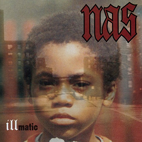 Nas’ “Illmatic” album cover featuring a young man and city skyline.