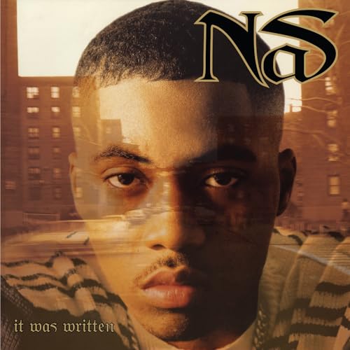 Nas album cover, "It Was Written," featuring a portrait with city backdrop.