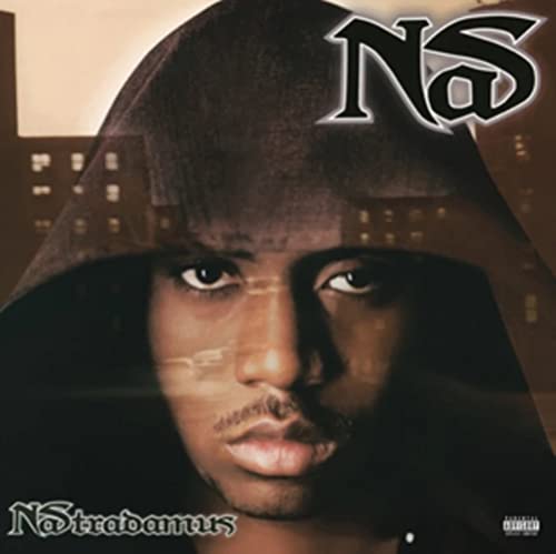 Nas album cover, "Nastradamus," featuring a hooded figure with intense eyes.