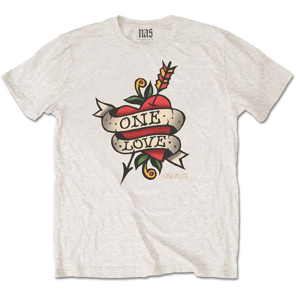 Beige t-shirt with a colorful heart and banner reading "ONE LOVE".