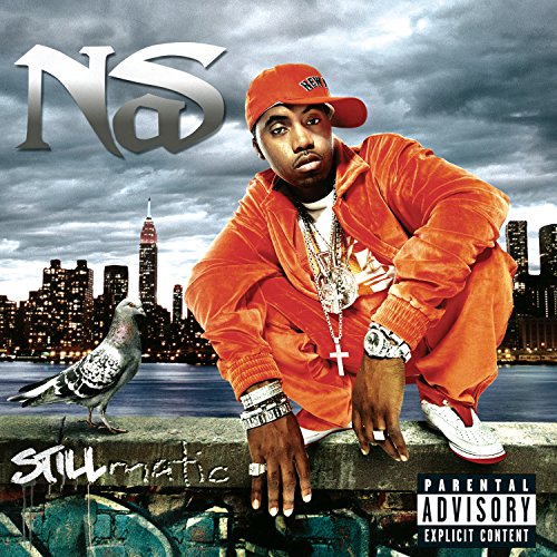 Nas album cover: rapper in orange suit with New York City backdrop.
