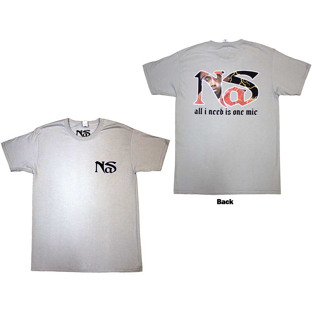 Black t-shirt with white back print of rapper Nas and “One Mic” text.