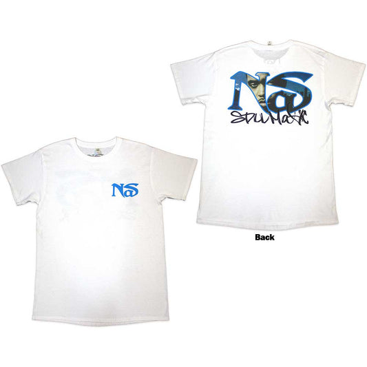 Black unisex t-shirt with large back print featuring Nas album artwork.