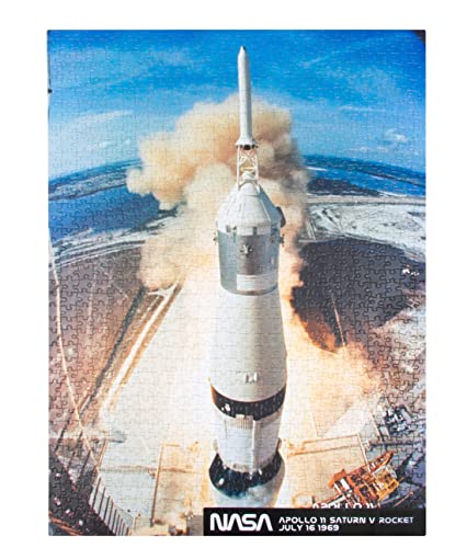 Apollo 11 Saturn V rocket launch, a completed jigsaw puzzle.