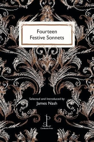 Book cover: “Fourteen Festive Sonnets” with ornate gold and black design.