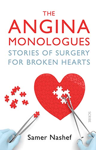 Book cover: red jigsaw heart with surgical tools, titled "The Angina Monologues".