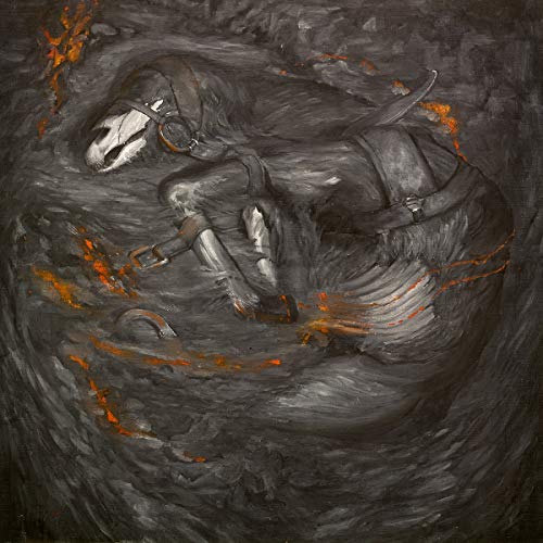 Dark painting of a reclining, skeletal figure with headphones and a watch.