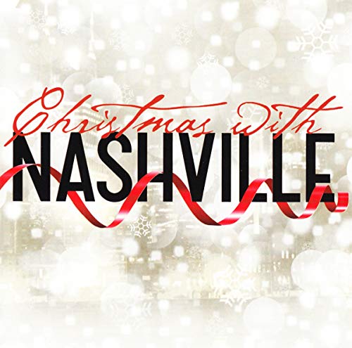 Christmas with Nashville text over a blurry, snowy, white holiday background with red ribbon.