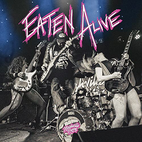 Black and white band photo with pink “Eaten Alive” text overlay.