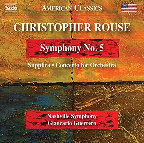 CD cover for Christopher Rouse’s Symphony No. 5 with abstract red and gold design.