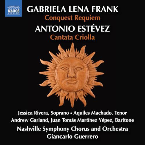 CD cover for Gabriela Lena Frank’s “Conquest Requiem” with sun imagery.
