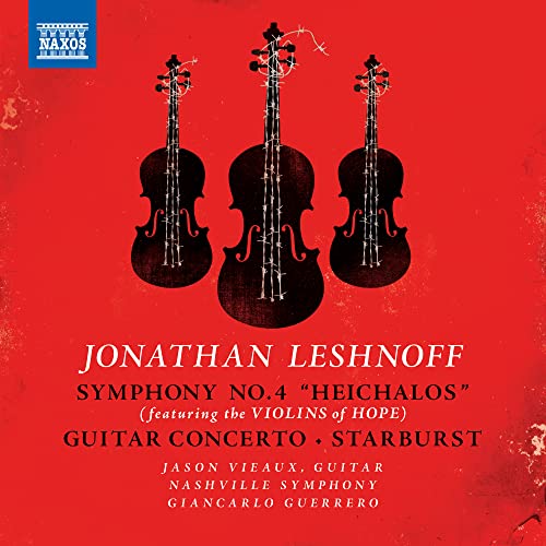 CD cover with three vintage violins against a red textured background.