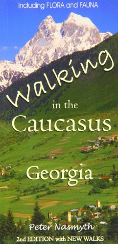 Book cover: Caucasus mountains and green fields, title "Walking in the Caucasus, Georgia".