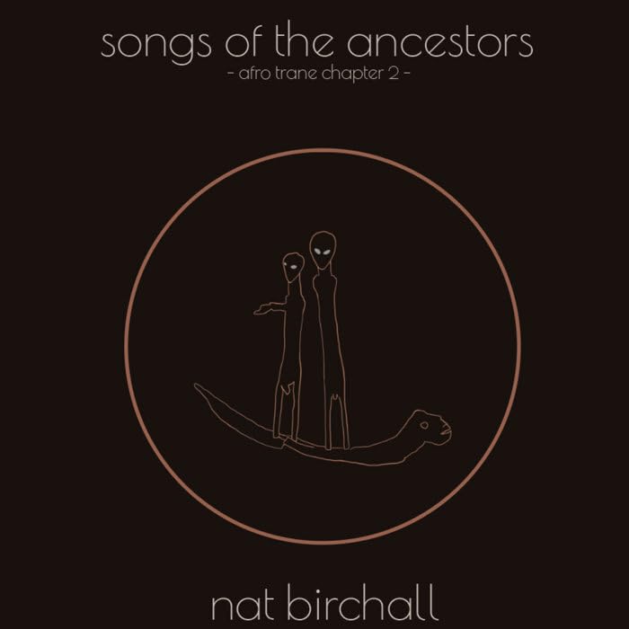 Album cover with line art of two figures on a boat inside a circle.