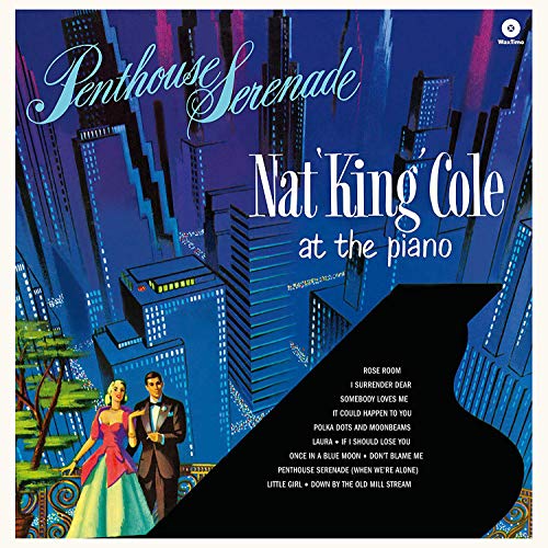 Nat King Cole album cover, illustrated cityscape, couple in formalwear.