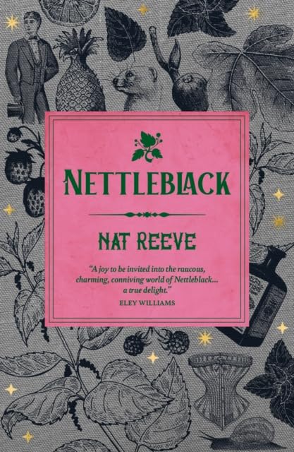 Book cover for "Nettleblack" with botanical illustrations and a pink frame.