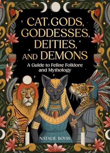 Book cover featuring three stylized felines in ornate, mythological attire against a black background.