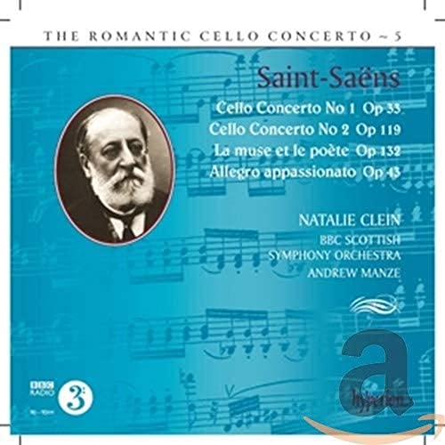 CD cover featuring portrait of composer Saint-Saëns and cellist Natalie Clein.
