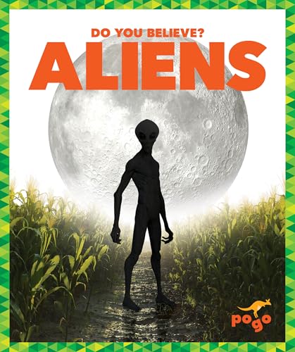 Grey alien silhouette stands in a field before a full moon.