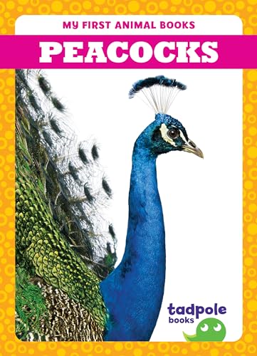 Book cover titled Peacocks featuring a close-up of a blue peacock with green feathers.