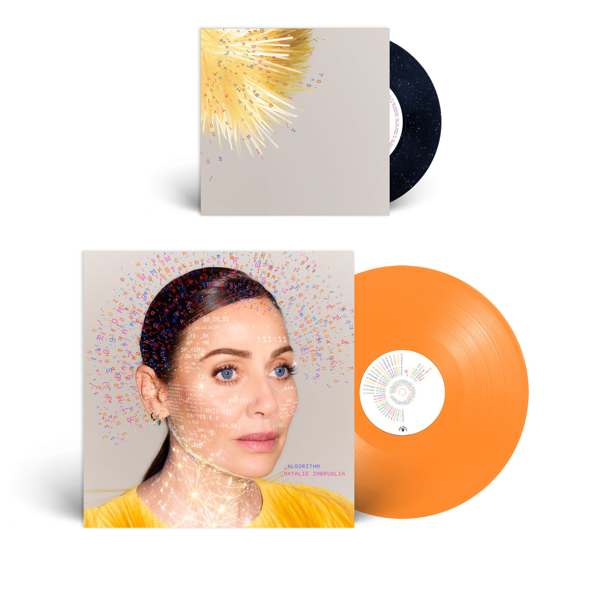 Natalie Imbruglia's "Algorithm" vinyl LP and 7" single with colorful, coded designs.
