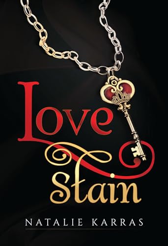 Book cover: red title “Love Stain” with a golden ornate key pendant.