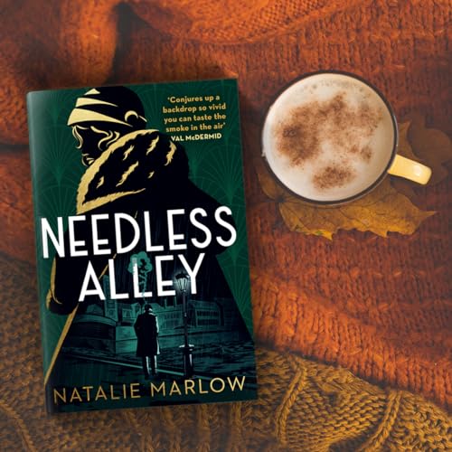 Book cover for "Needless Alley" with a woman in a fur coat, beside coffee.