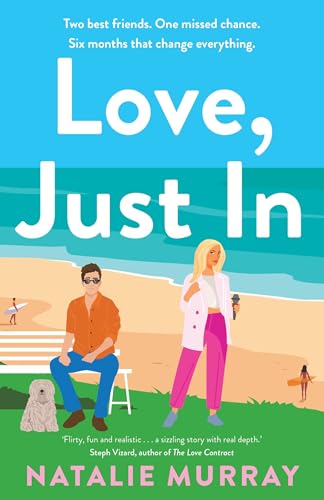 Book cover: two people and a dog on a beach, title "Love, Just In".